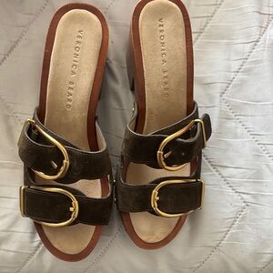 Brand new Veronica Beard Green Sandals with Gold Buckles
